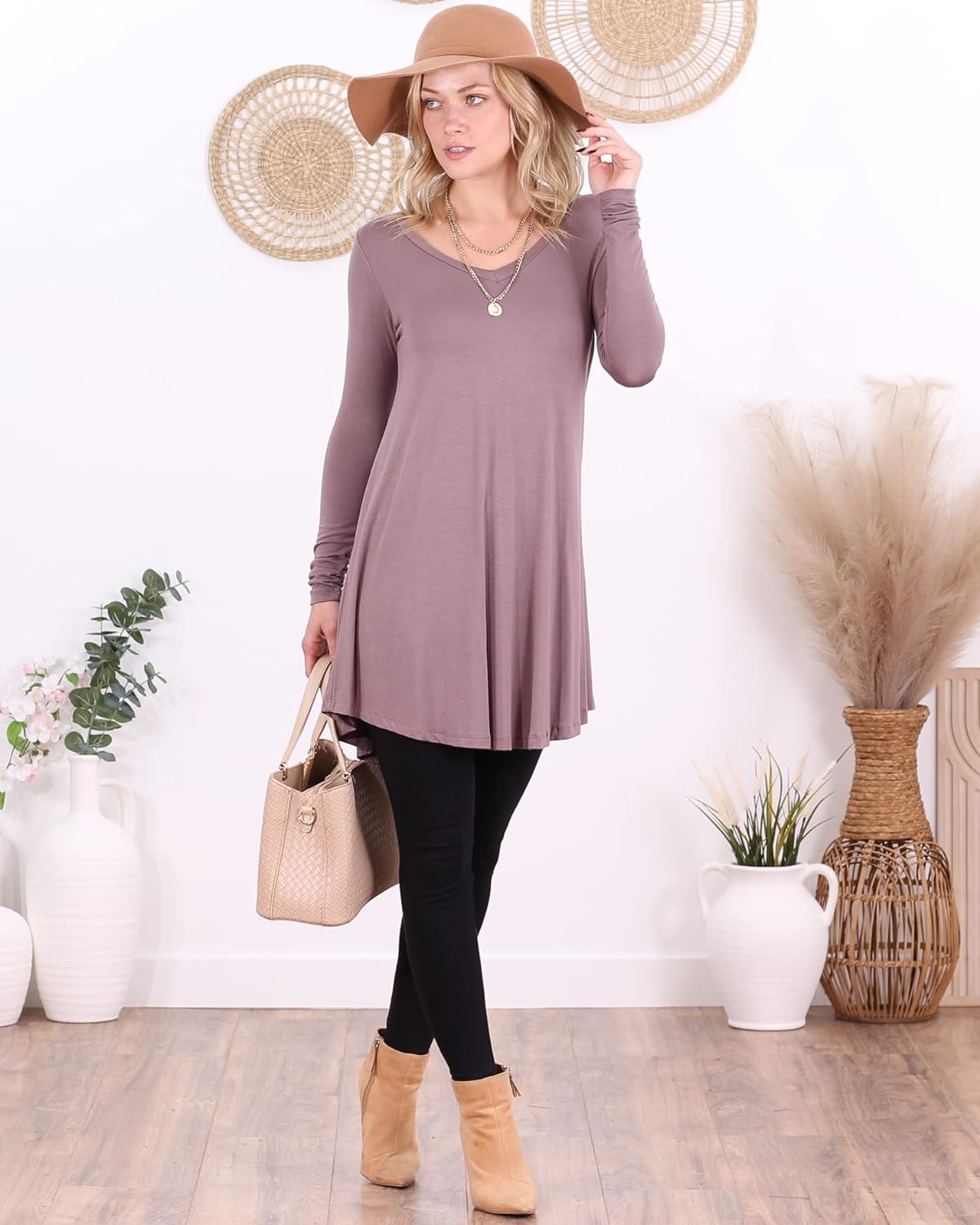 Toffee Long Sleeve V Neck Tunic Top