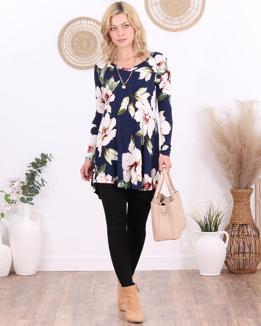 ST84 Floral Blue Long Sleeve V Neck Tunic Top