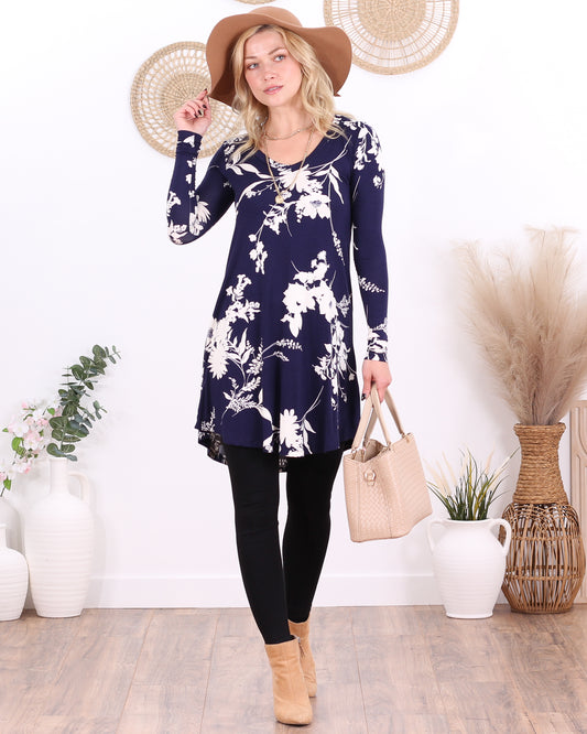 ST104 Floral Navy Long Sleeve V Neck Tunic Top