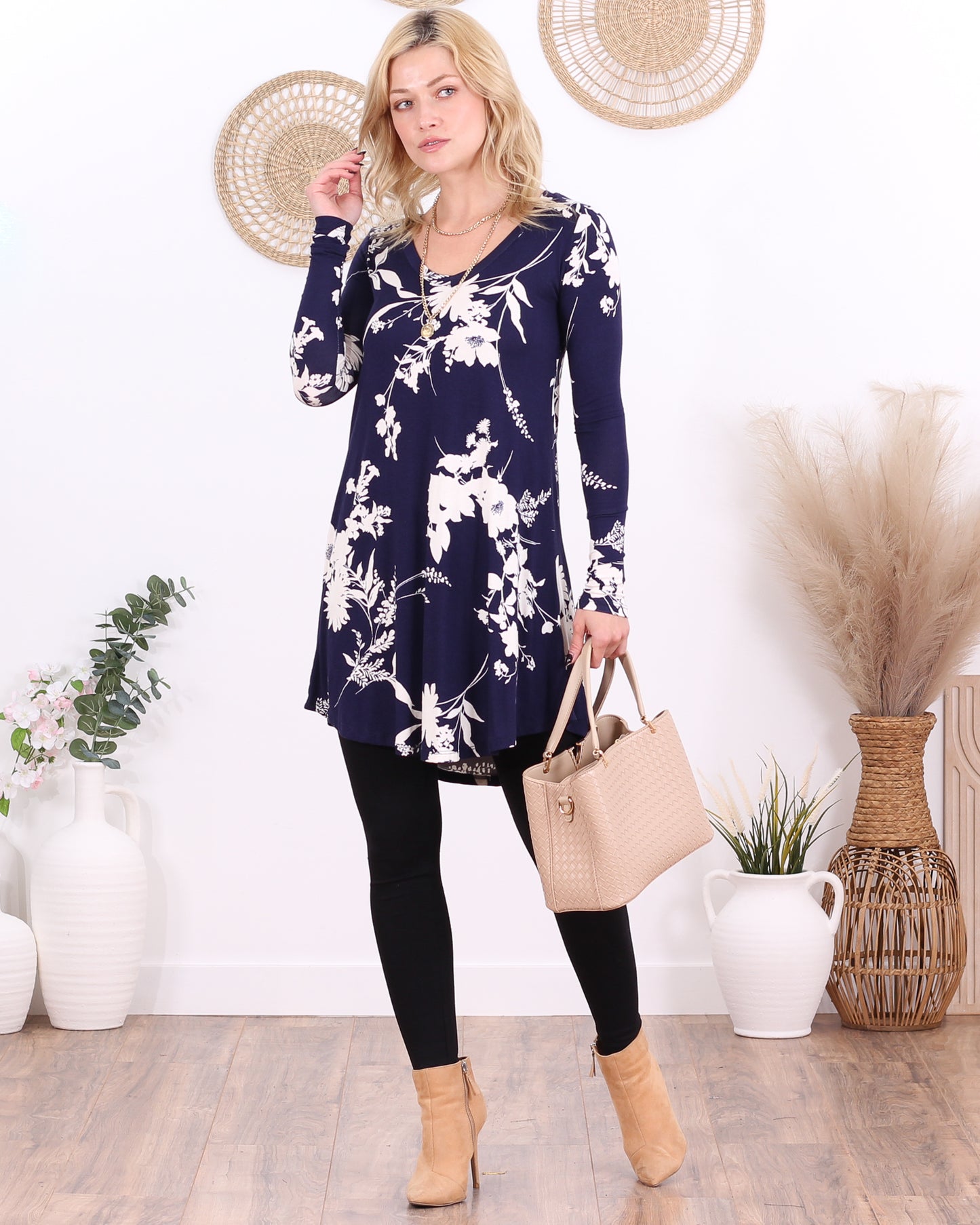 ST104 Floral Navy Long Sleeve V Neck Tunic Top