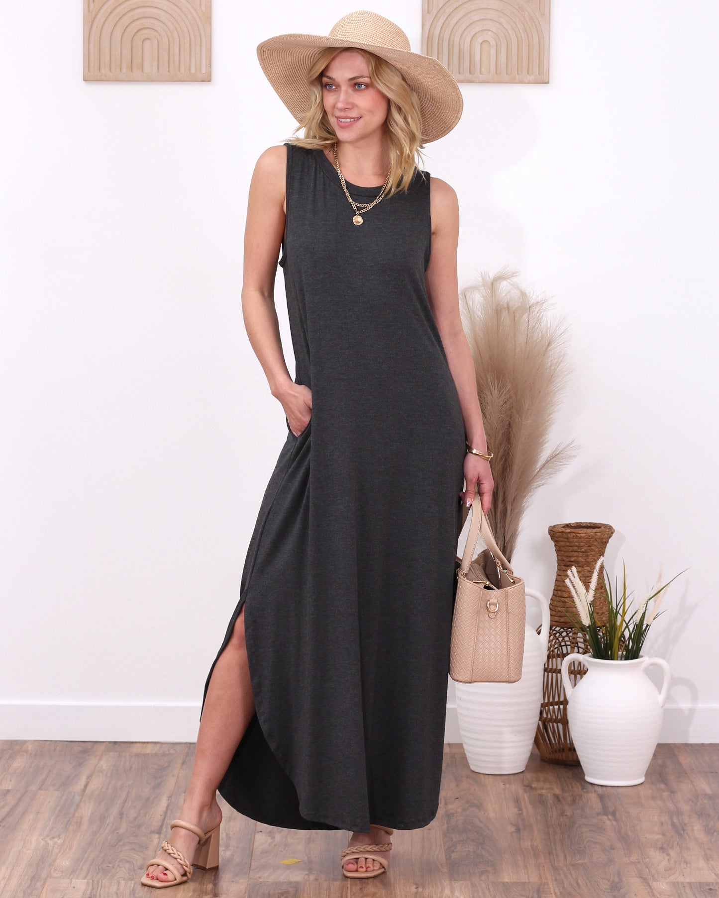 Charcoal Casual Sleeveless Maxi Dress with Pockets