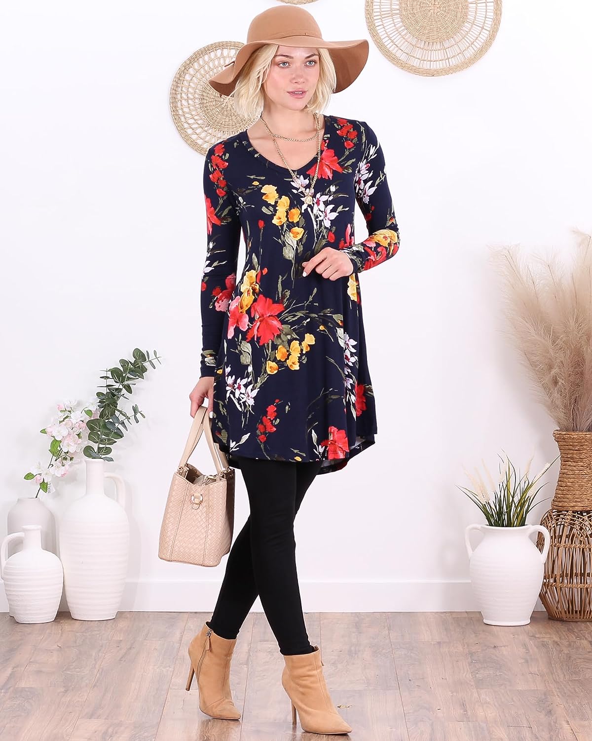 ST96 Floral Blue Long Sleeve V Neck Tunic Top