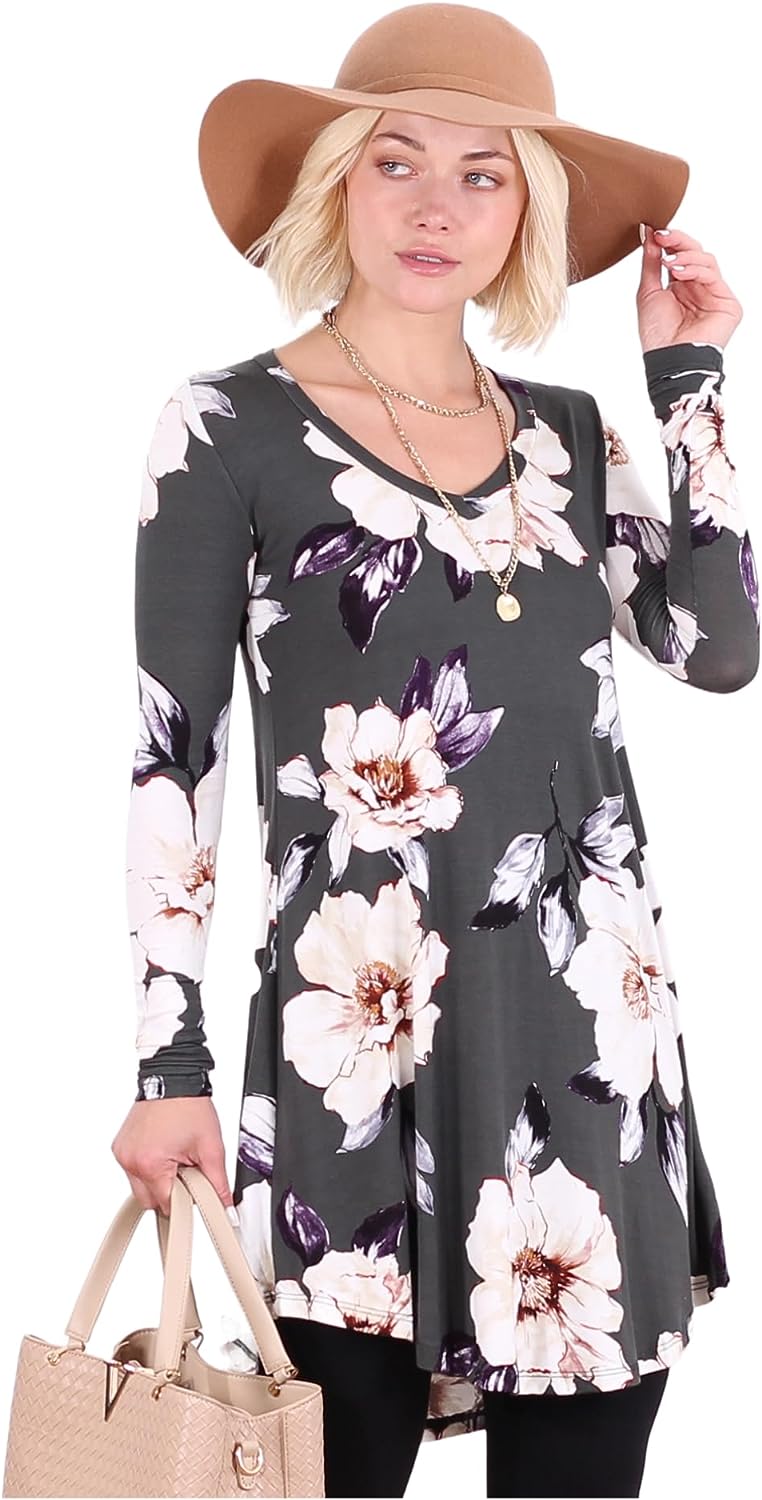 ST86 Floral Gray Long Sleeve V Neck Tunic Top