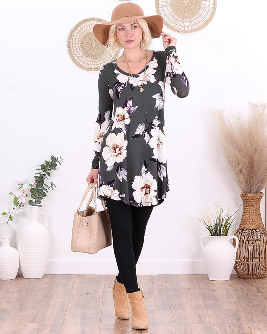 ST86 Floral Gray Long Sleeve V Neck Tunic Top