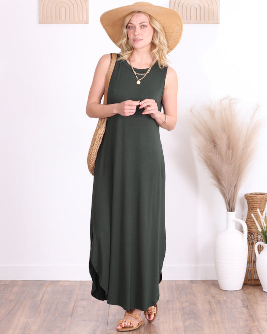 Olive Casual Sleeveless Maxi Dress with Pockets