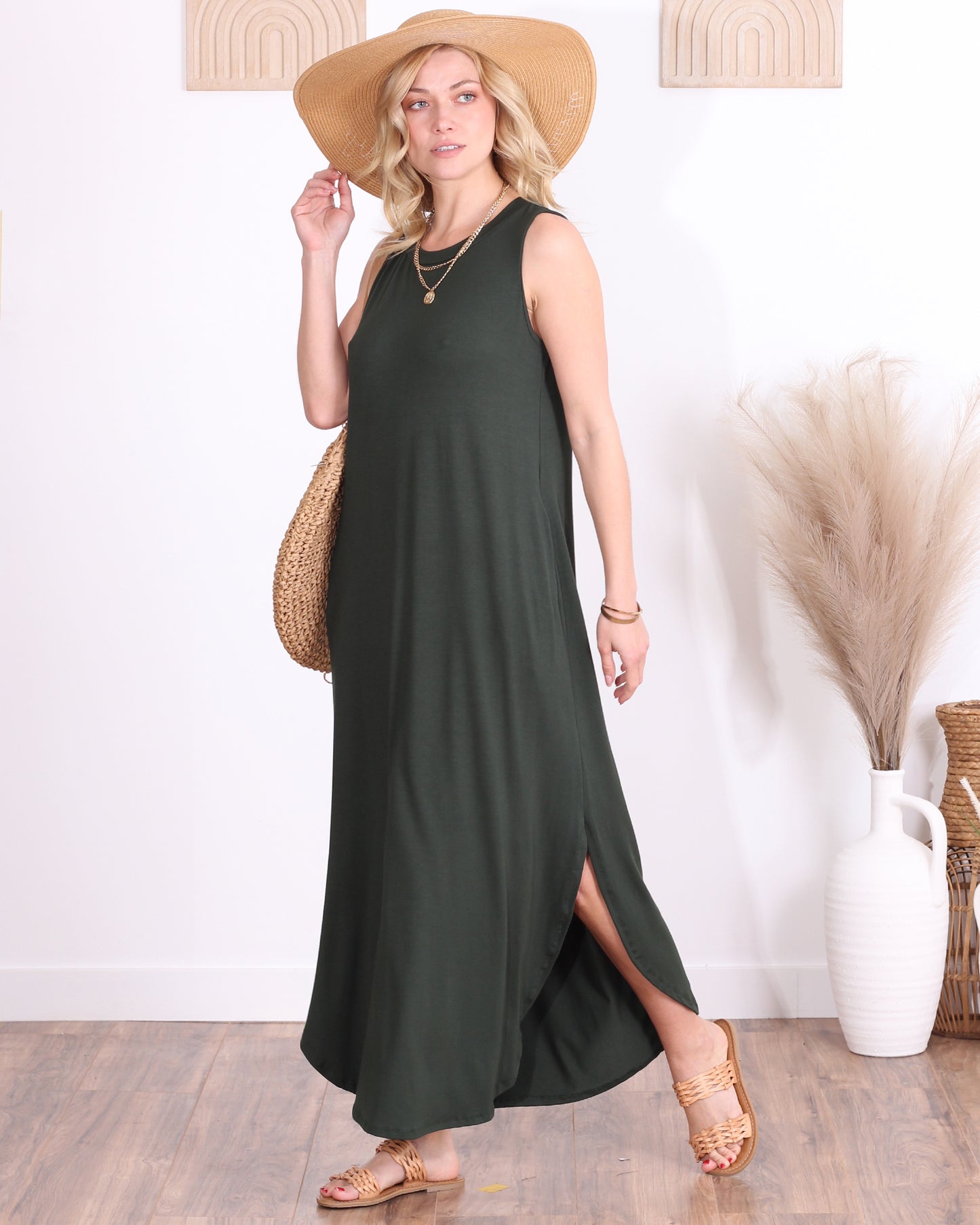 Olive Casual Sleeveless Maxi Dress with Pockets