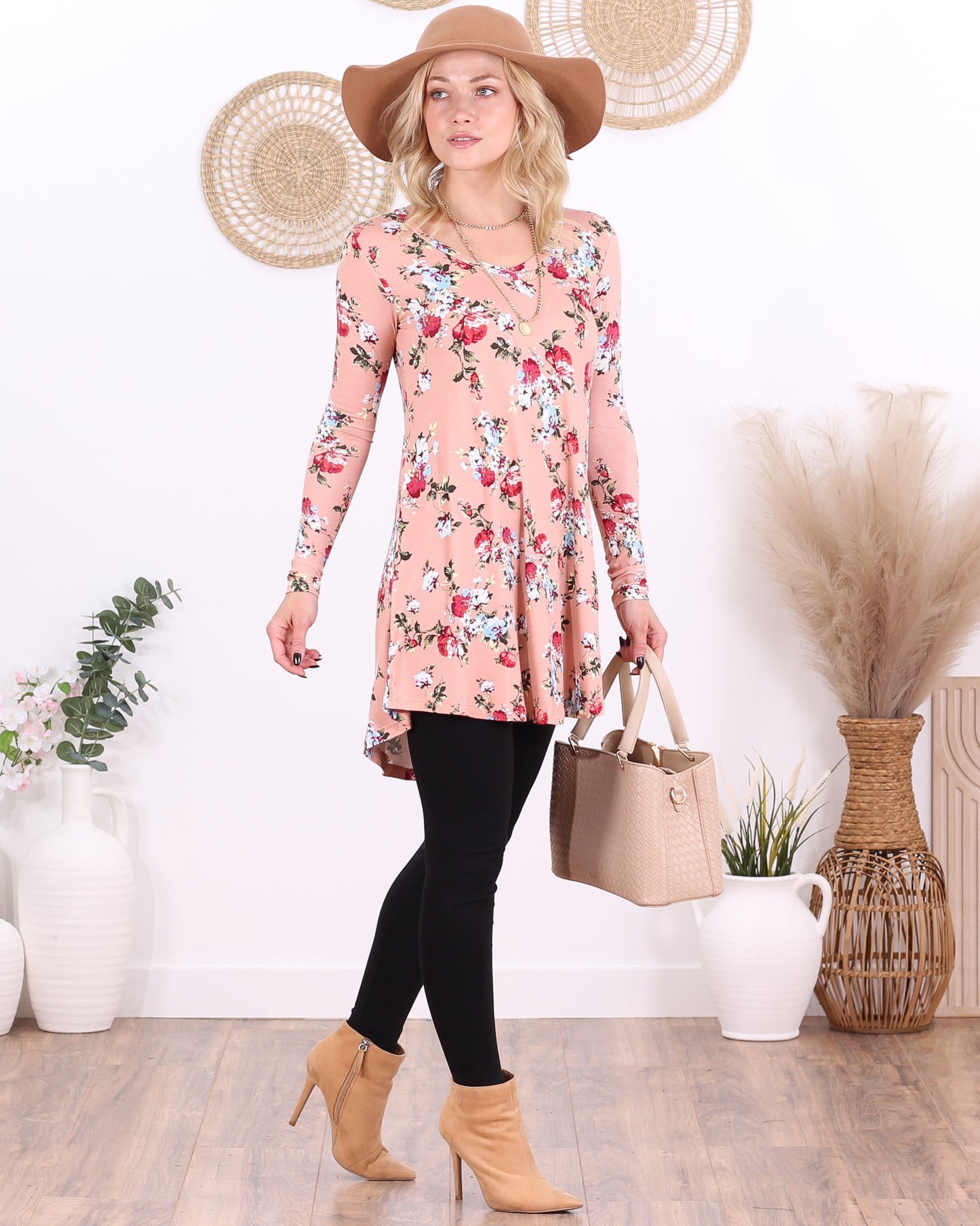 ST73 Floral Pink Long Sleeve V Neck Tunic Top
