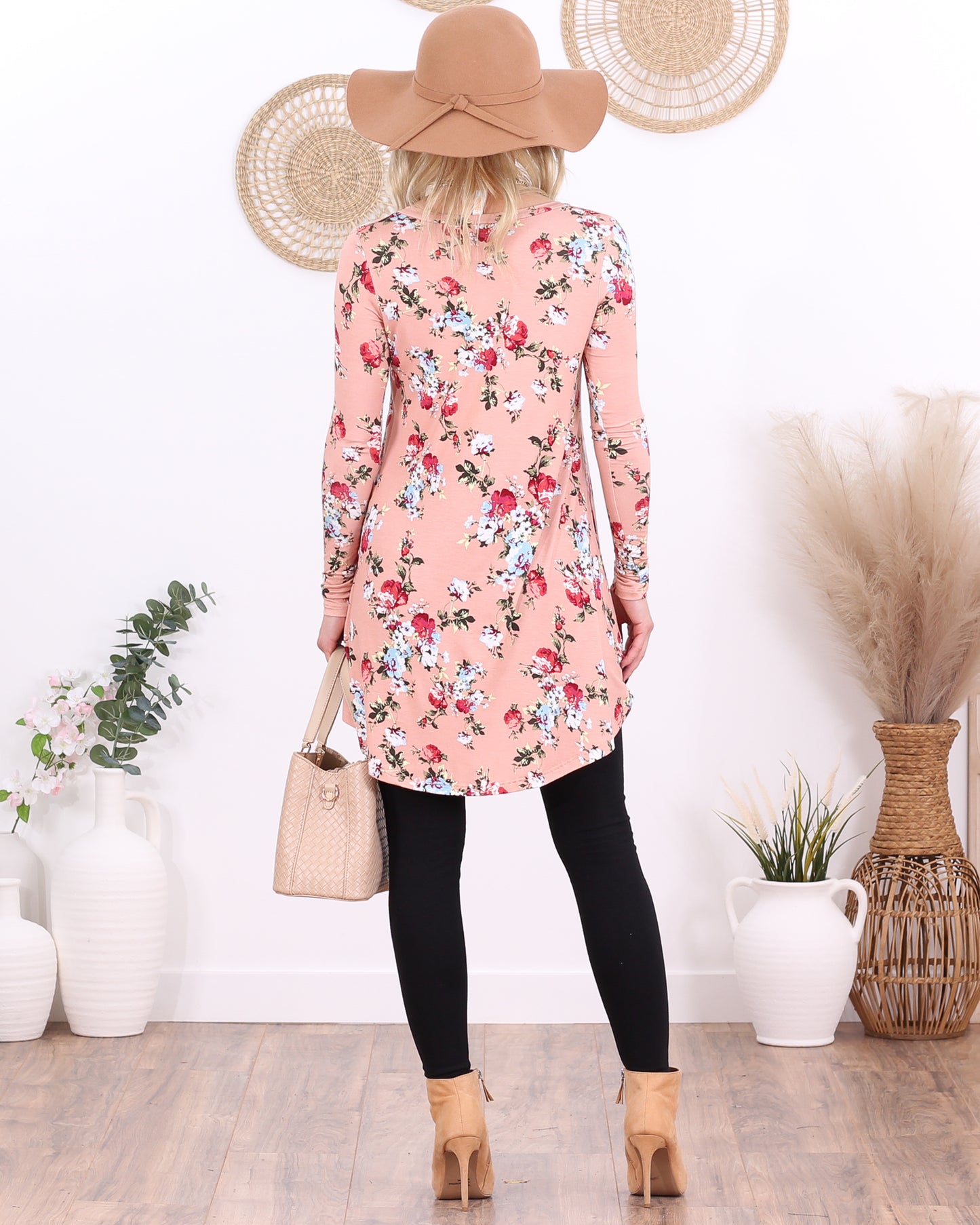 ST73 Floral Pink Long Sleeve V Neck Tunic Top
