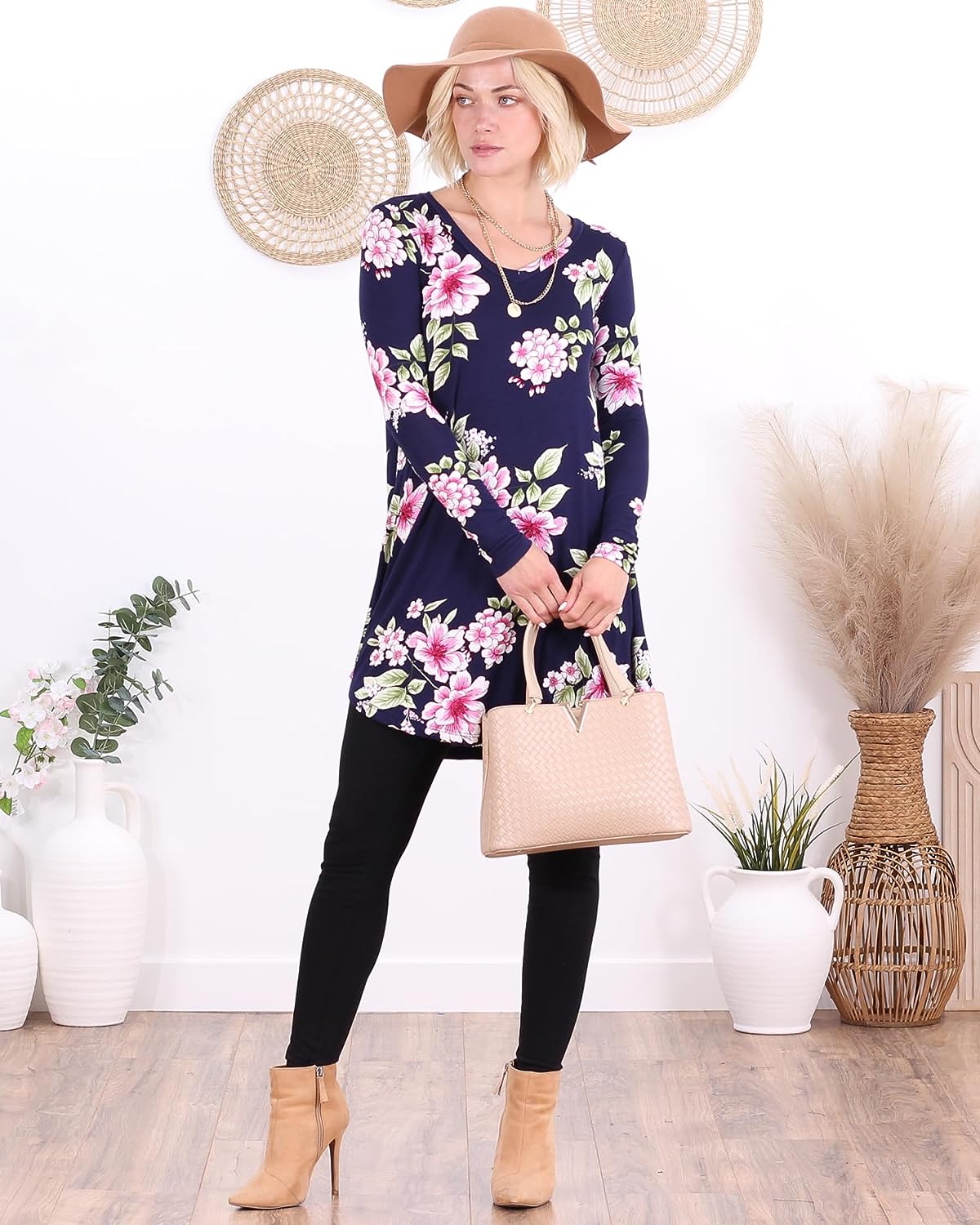 ST103 Floral Navy Long Sleeve V Neck Tunic Top