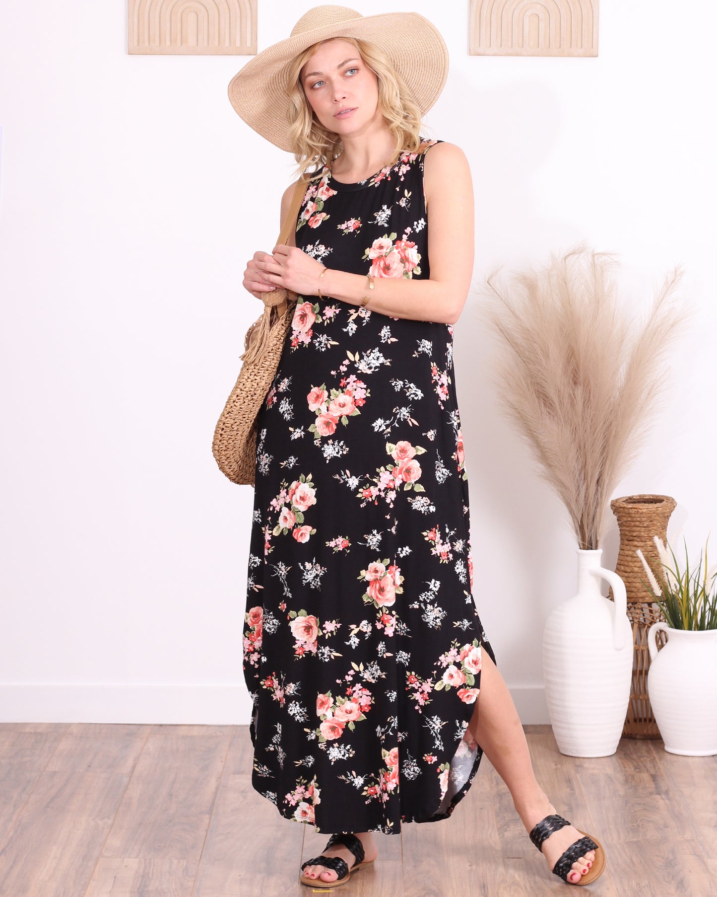 ST75 Floral Black Sleeveless Maxi Dress with Pockets