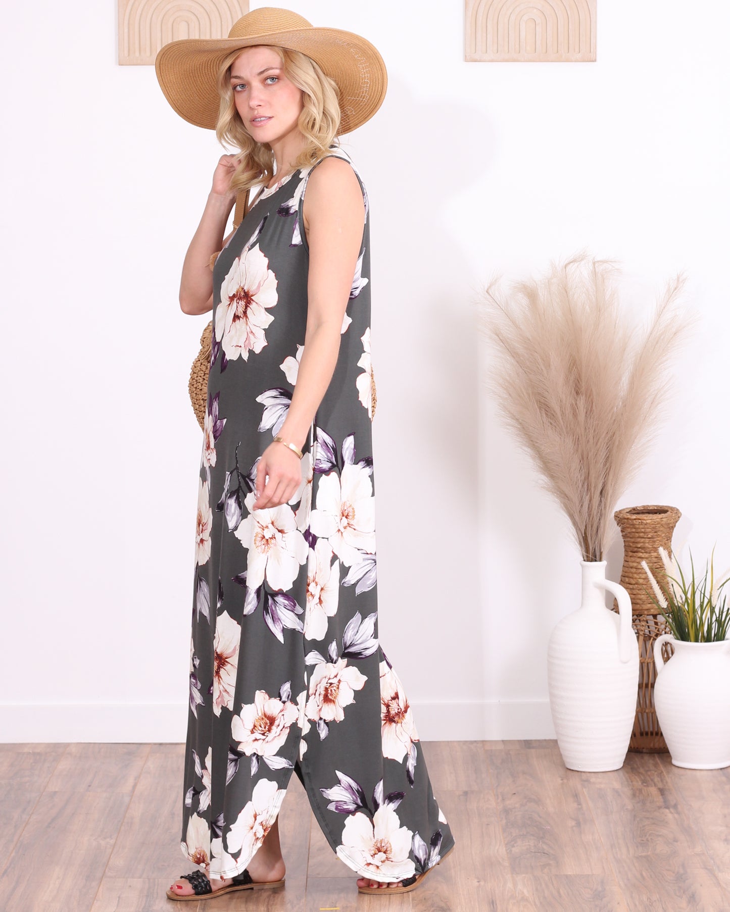 ST86 Floral Gray Sleeveless Maxi Dress with Pockets