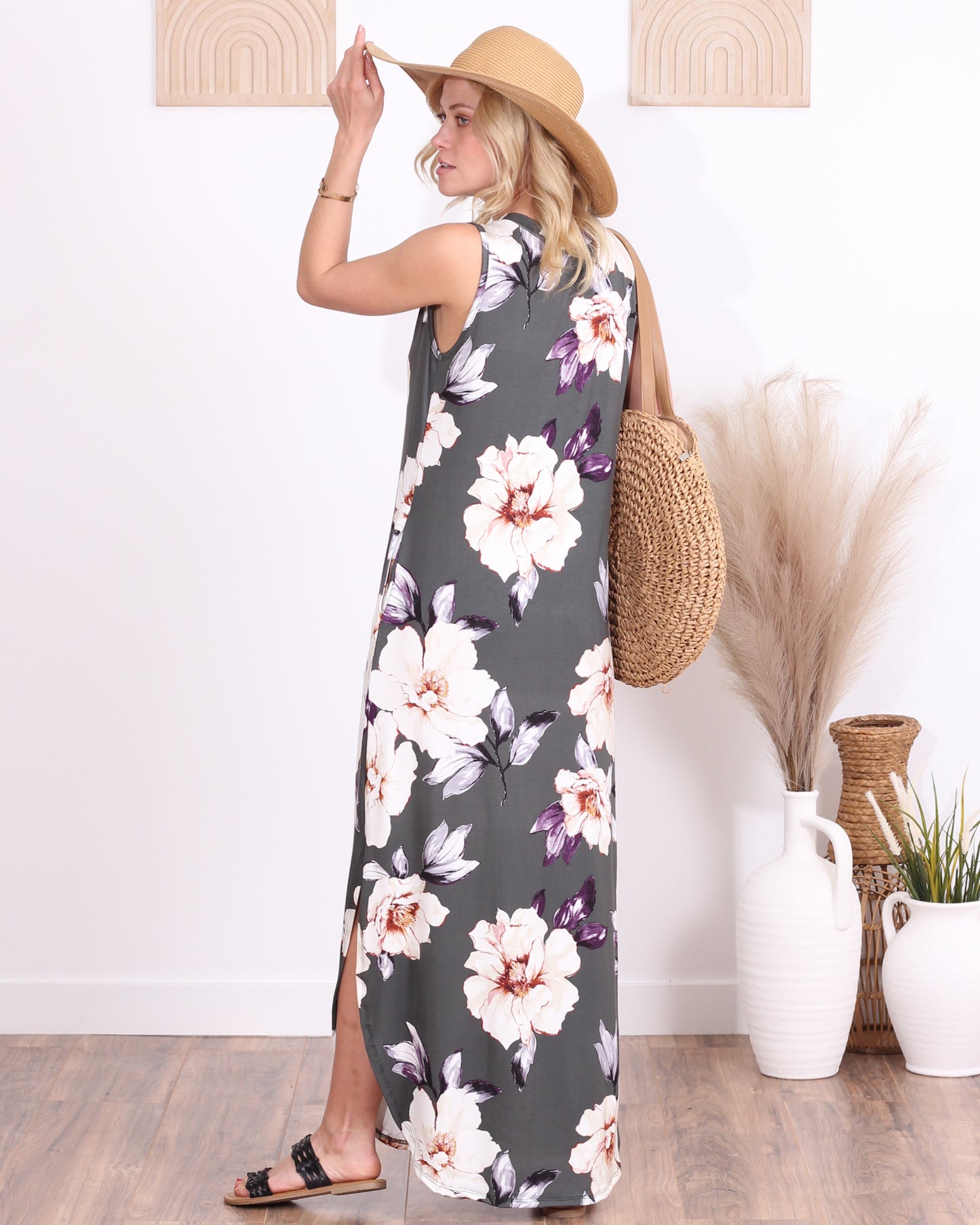 ST86 Floral Gray Sleeveless Maxi Dress with Pockets