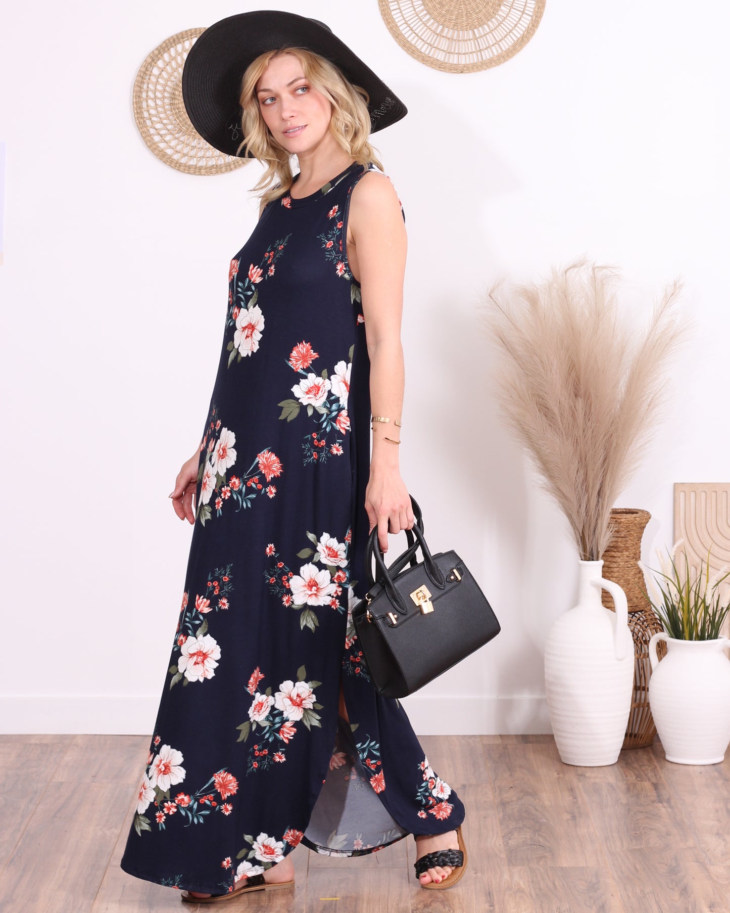 ST94 Floral Blue Sleeveless Maxi Dress with Pockets