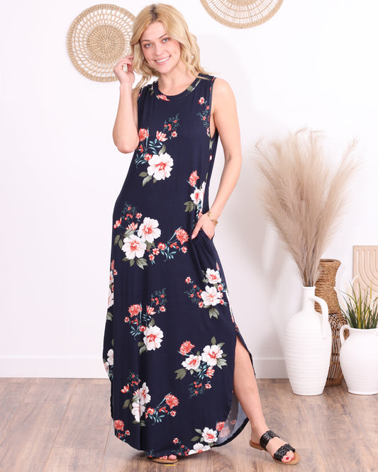 ST94 Floral Blue Sleeveless Maxi Dress with Pockets