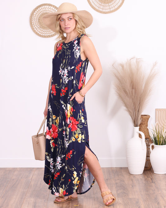 ST96 Floral Blue Sleeveless Maxi Dress with Pockets