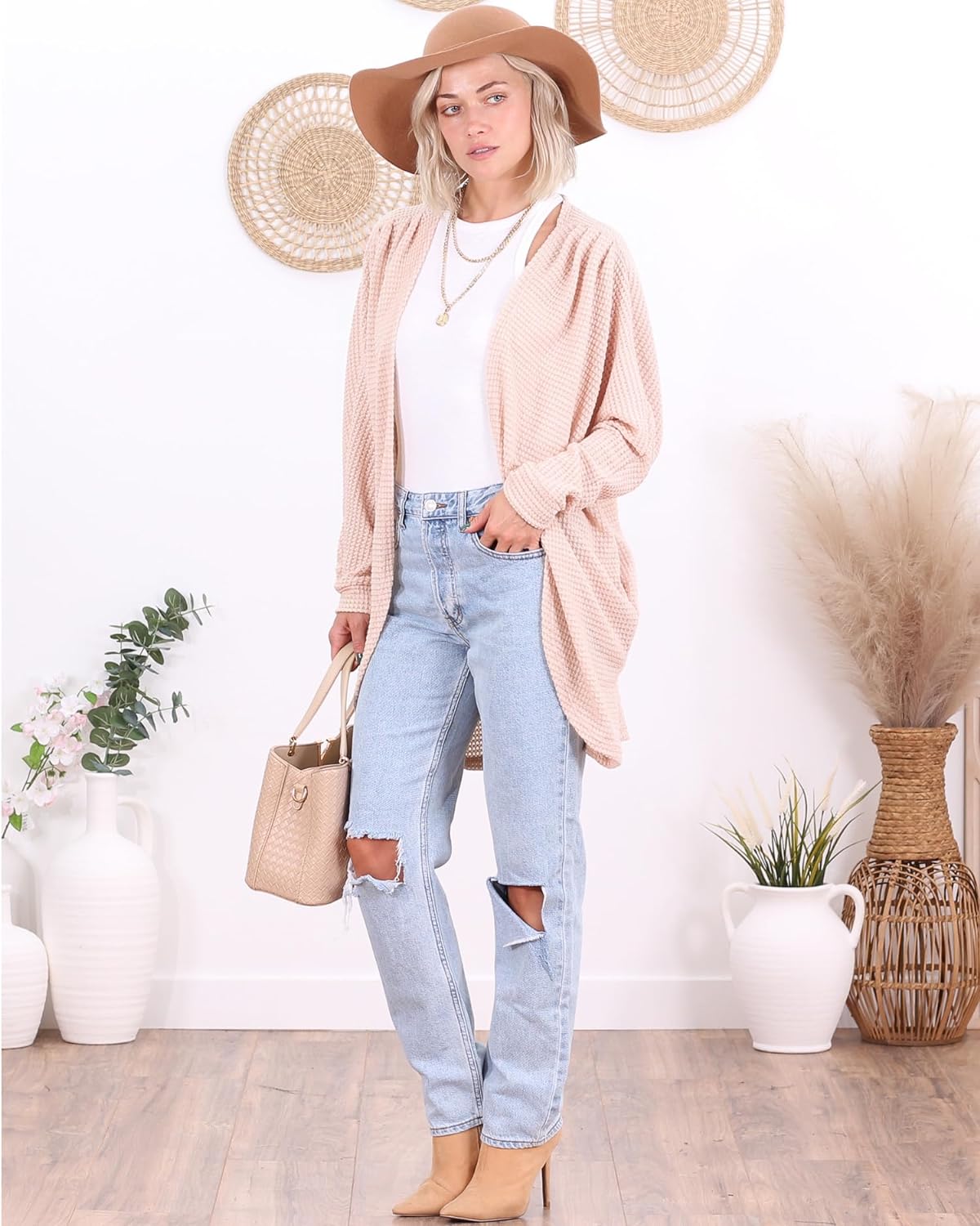 Taupe Long Sleeve Waffle Knit Cardigan with Pockets