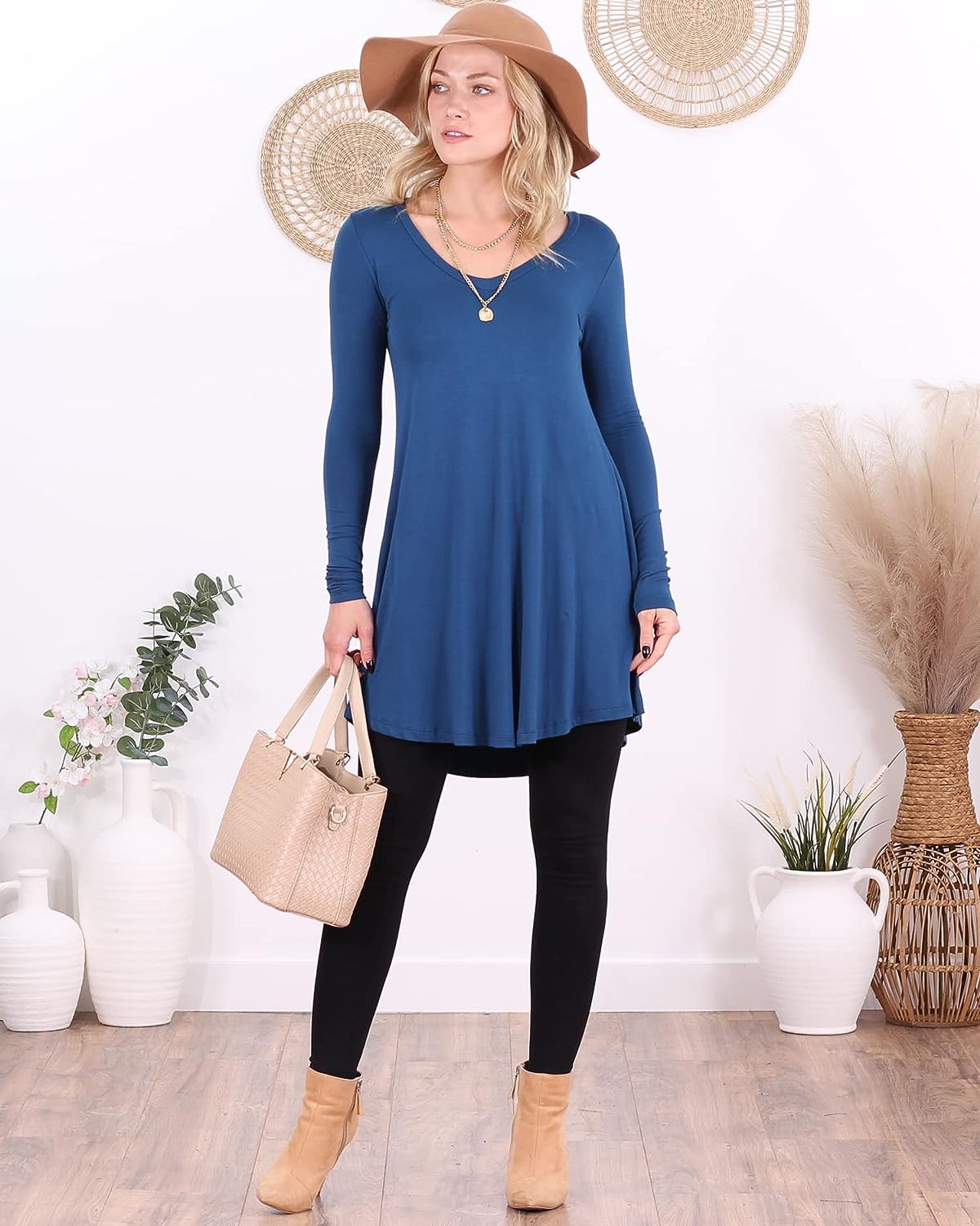 Teal Long Sleeve V Neck Tunic Top