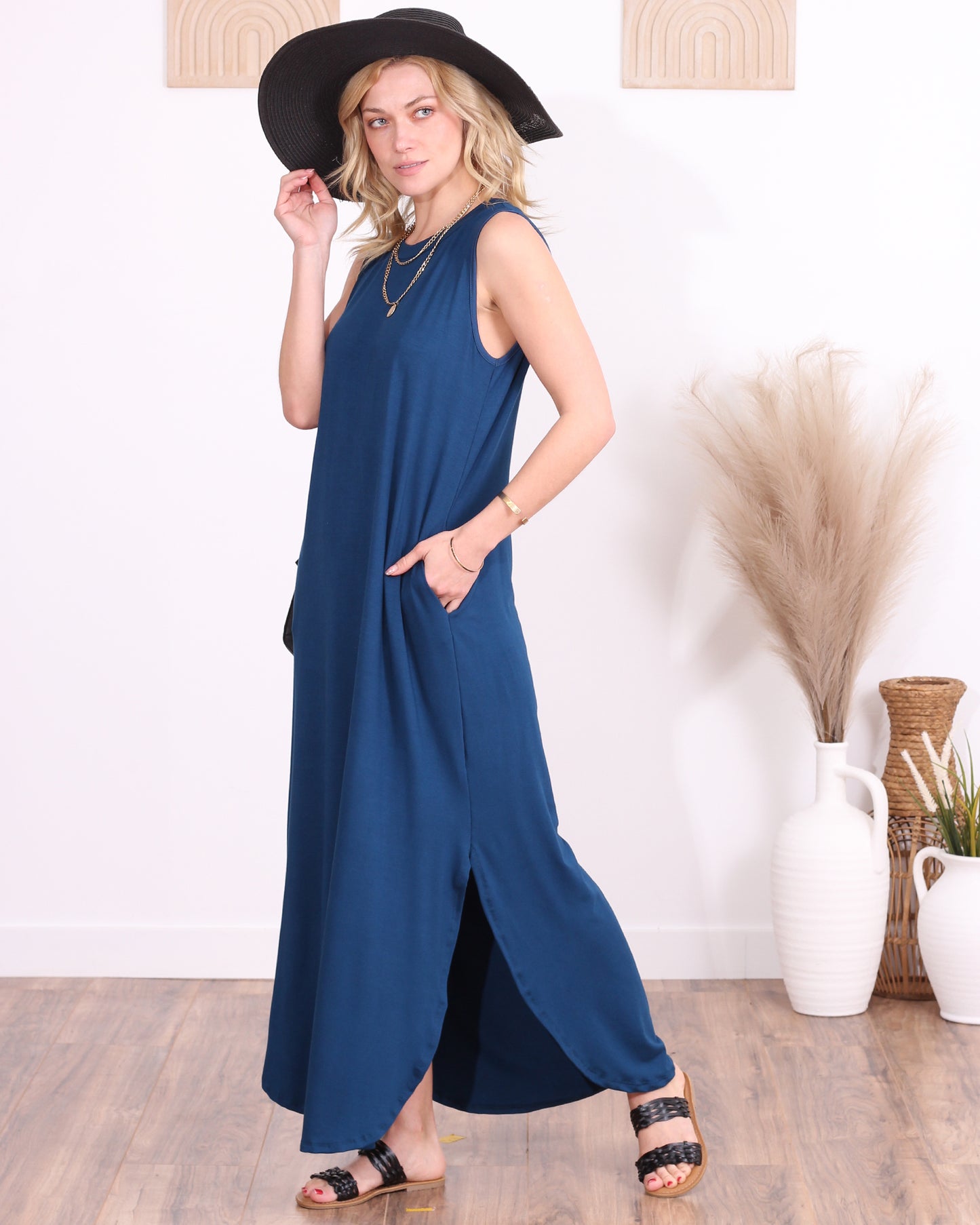 Teal Casual Sleeveless Maxi Dress with Pockets