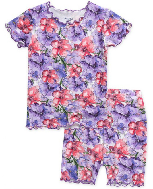 Floral Purple Shirring Short Sleeve Pajama Set