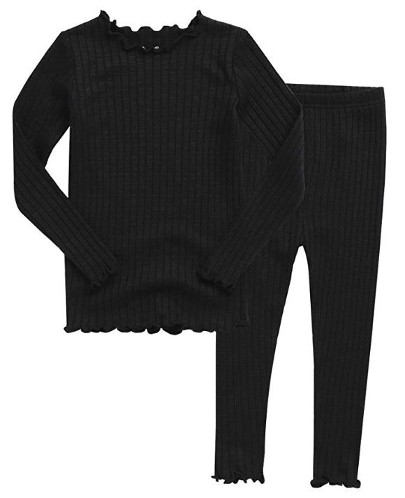 Black Shirring Long Sleeve Pajama Set