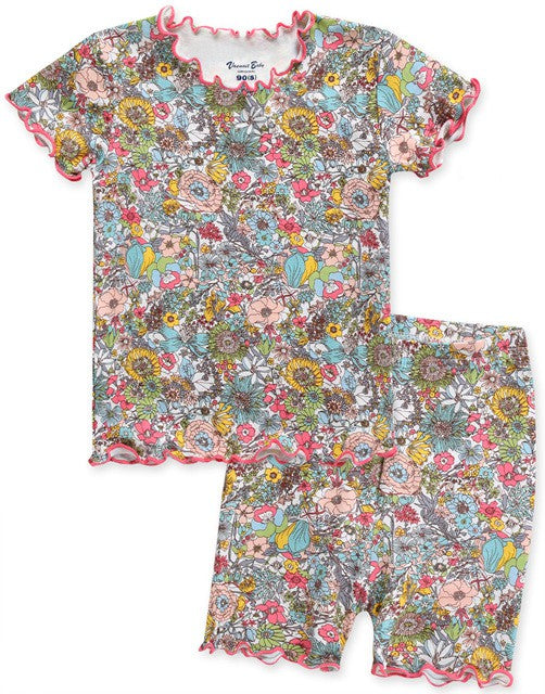 Multi Floral Shirring Short Sleeve Pajama Set